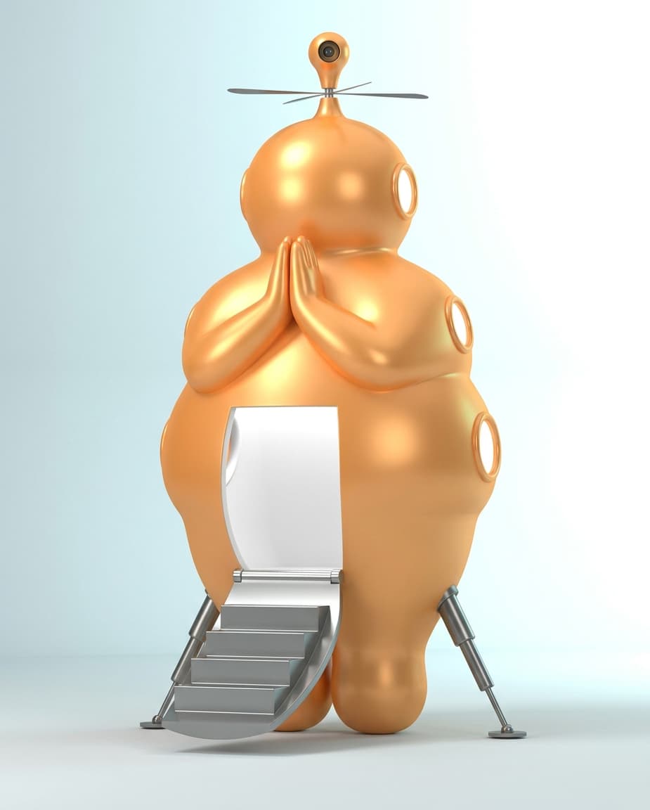 DAMAGE. Orange metallic figure with a propeller and an open door.